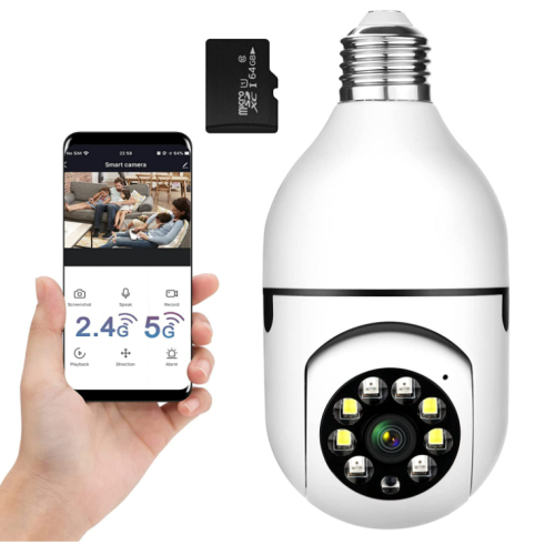 Wireless WiFi Light Socket Bulb Security Camera 360 Degree PTZ Home Camera Floodlight Night Vision Motion Detection 64GB Micro SD Card Included Support 2.4Ghz and 5Ghz