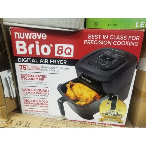 Nuwave Brio 8-Qt Air Fryer, Powerful 1800W, Easy-to-Read Cool White Display, 50°-400°F Temp Controls, 100 Pre-Programmed Presets & 50 Memory Slots, Integrated Smart Thermometer, Linear T Technology