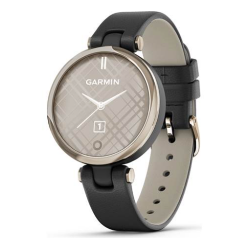 Garmin Lily Smartwatch with connected GPS (Classic Edition, Cream Gold, black leather band)