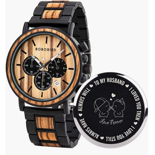 BOBO Bird Mens Personalized Engraved Wooden Watches, Stylish Wood & Stainless Steel Combined Quartz Casual Wristwatches for Men Family Friends Customized Watch