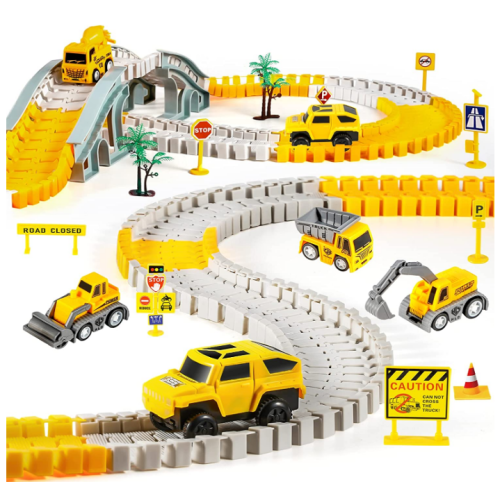 Kizplays 260 PCS Construction Race Tracks for Kids Toys, 2 Electric Cars, 4 Construction Cars, 1 Map & Flexible DIY Track Set, Engineering Gifts for 3 4 5 6 Year Old Boys Girls