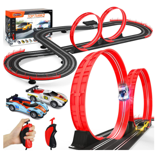 Race Track Toys for Boys Age 8-12 with 2 Loop, 4 Race Cars 1:43 Scale with Headlights, Battery Operated Slot Car Race Track Set, 2 Controllers, Lap Counter, 2 Player Game, Gift for Kids 6+ Year Old