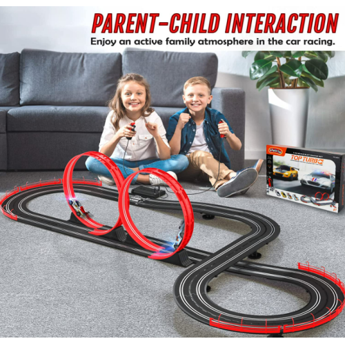 Race Track Toys for Boys Age 8-12 with 2 Loop, 4 Race Cars 1:43 Scale with Headlights, Battery Operated Slot Car Race Track Set, 2 Controllers, Lap Counter, 2 Player Game, Gift for Kids 6+ Year Old