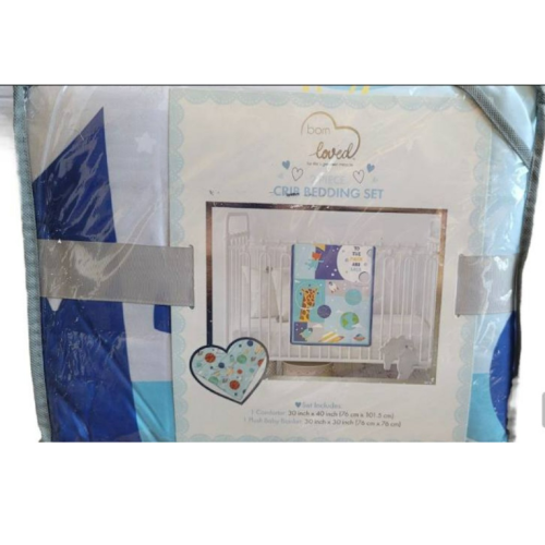 Born Loved 2 Piece Crib Bedding Set Blue NWT 1 Comforter 1 Plush Baby Blanket