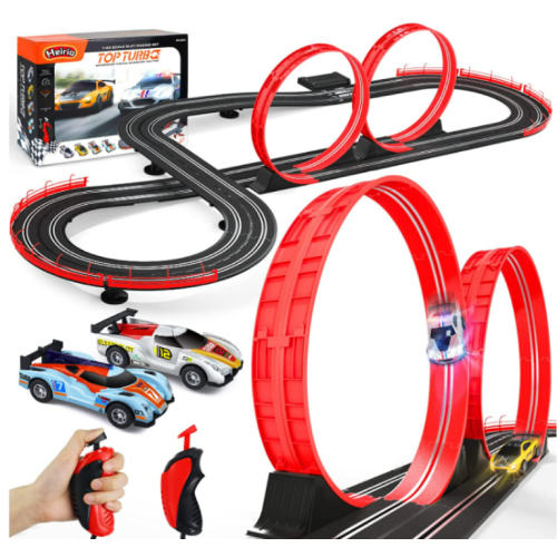 Race Track Toys for Boys Age 8-12 with 2 Loop, 4 Race Cars 1:43 Scale with Headlights, Battery Operated