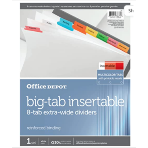 Office Depot Brand Insertable Extra-Wide Dividers with Big Tabs, Assorted Colors, 8-Tab