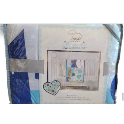 Born Loved 2 Piece Crib Bedding Set Blue NWT 1 Comforter 1 Plush Baby Blanket