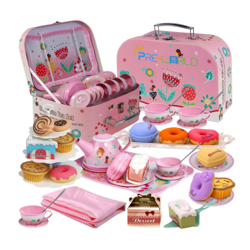 Tea Party Set for Little Girls,PRE-WORLD Princess Tea Time Toy Including Dessert,Cookies,Doughnut,Teapot Tray Cake, Tablecloth & Carrying Case,Kids Kitchen Pretend Play for Girls Boys Age 3-6