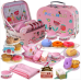 Tea Party Set for Little Girls,PRE-WORLD Princess Tea Time Toy Including Dessert,Cookies,Doughnut,Teapot Tray Cake, Tablecloth & Carrying Case,Kids Kitchen Pretend Play for Girls Boys Age 3-6