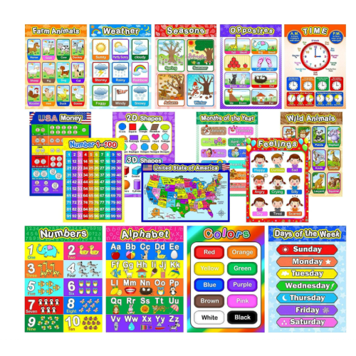 Educational Posters for Preschoolers Toddlers Kids Kindergarten Classrooms Alphabet Letters, Numbers, Shapes, Colors, Seasons, Week, Months, More,11 x 16 Inch,12PCS