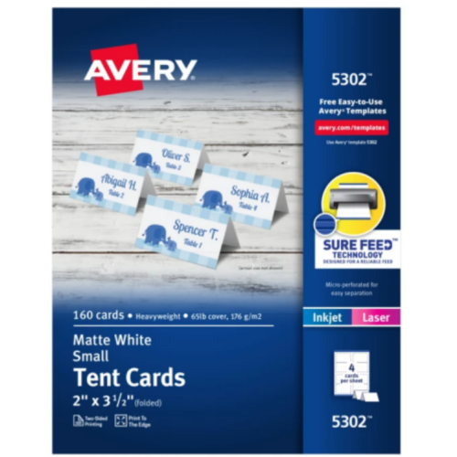 Avery Printable Small Tent Cards, 2" x 3.5", Two-Sided Printing, Matte White