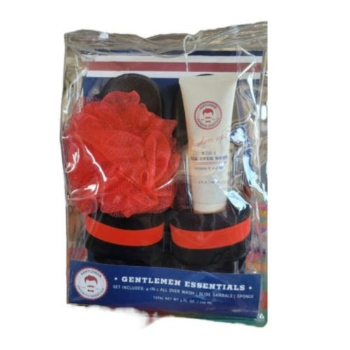 GENTLEMEN ESSENTIALS 4 IN 1 ALL OVER WASH SLIDE SANDALS RED SPONGE 4 OZ SET