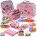 Tea Party Set for Little Girls,PRE-WORLD Princess Tea Time Toy Including Dessert,Cookies,Doughnut,Teapot Tray Cake, Tablecloth & Carrying Case,Kids Kitchen Pretend Play for Girls Boys Age 3-6