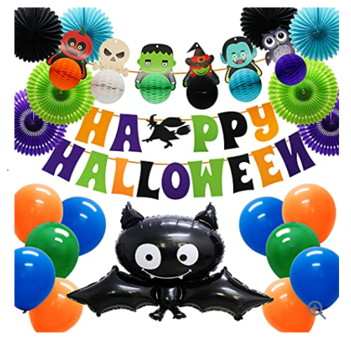 Meiduo Halloween Party Supplies, Happy Halloween Banner, Bat Foil Balloon, Balloons, Paper Fans, Zombie Honeycomb Balls Banner for Adult Kids Birthday Indoor Outdoor Garden Decorations, 21pcs