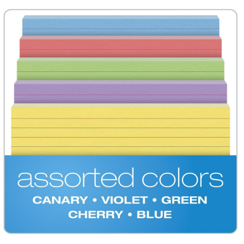 Ruled Color Index Cards, 4" x 6", Assorted Colors, 100 Per Pack