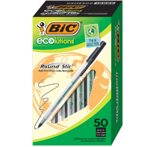 Bic Ecolutions Round Stic Ballpoint Pen Black Ink 1Mm Medium 50/Pack