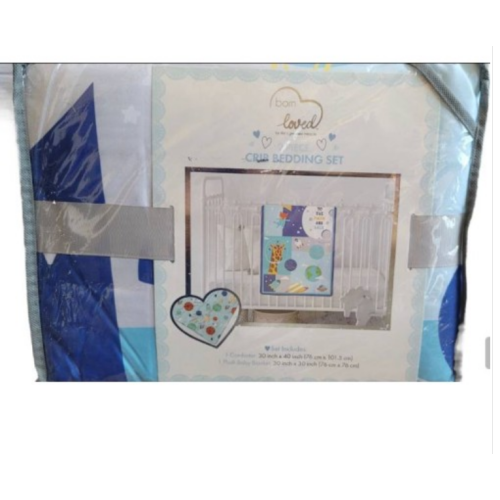 Born Loved 2 Piece Crib Bedding Set Blue NWT 1 Comforter 1 Plush Baby Blanket