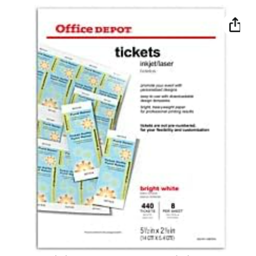 Office Depot® - Tickets - Inkjet/laser Tickets, Perforated - Paper - 11.3" x 8.875" x 0.6" - bright white - PK of 440