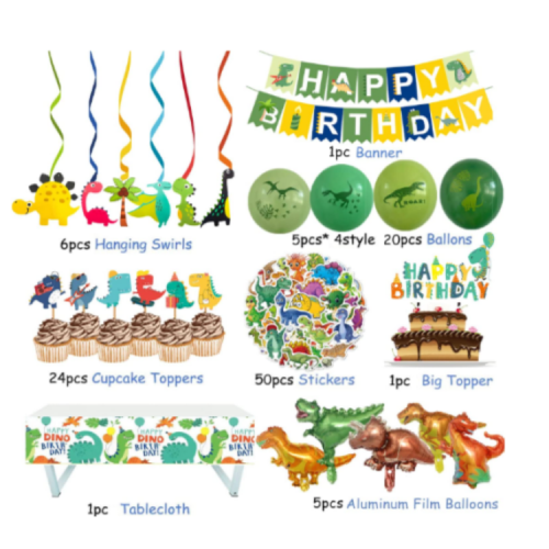 YBST Dinosaur Birthday Party Supplies, 104 Pcs Supplies Set for Boys and Girls, Include Balloons, Banner, Tablecloth, Stickers, Hanging Swirls, Aluminum Film Cake Topper Cupcake Toppers