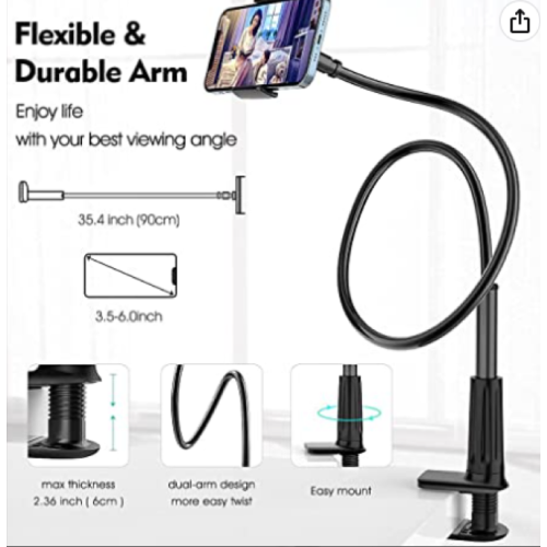 licheers Flexible Gooseneck Phone Holder, licheers Lazy Bed Holder Phone Stand for 3.5-7 Inch Devices, Overall Length 35.4In (Black)