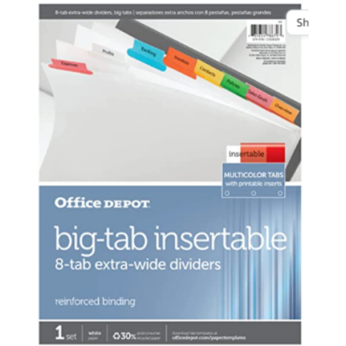 Office Depot Brand Insertable Extra-Wide Dividers with Big Tabs, Assorted Colors, 8-Tab