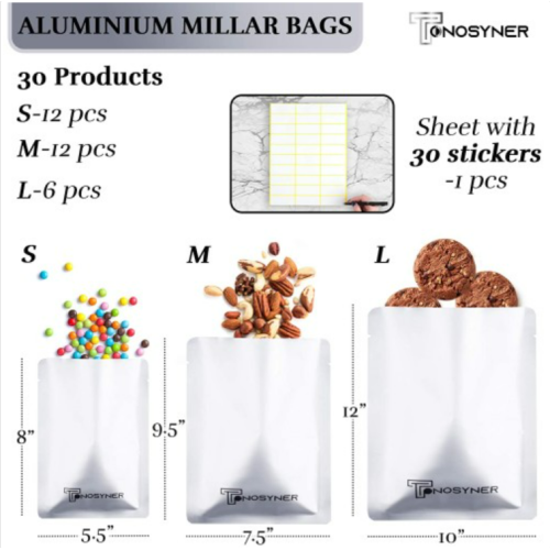 Mylar Bags, 3 Sizes 30 Pack, Lock Bags, Heat Seal Bags, Food Storage Bags for Coffee, Tea, Candy Beans, Nuts and Cookies