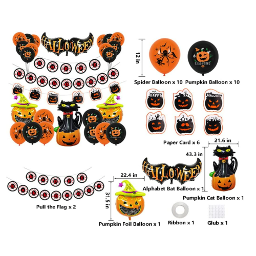 QYSSTORE Happy Halloween Decoration Balloon Set, Black Orange Aluminum Balloon and Large Halloween Theme Flag for Kids Halloween Theme Party Background Classroom Decorations