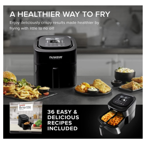 Nuwave Brio 8-Qt Air Fryer, Powerful 1800W, Easy-to-Read Cool White Display, 50°-400°F Temp Controls, 100 Pre-Programmed Presets & 50 Memory Slots, Integrated Smart Thermometer, Linear T Technology