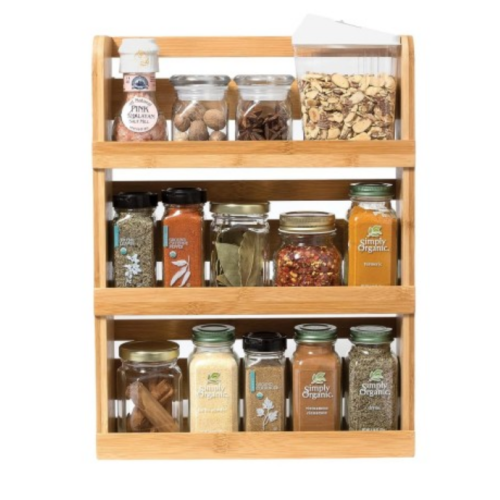 Lipper International Bamboo Wood 3-Tier Spice Rack 8840 - Space Saving 12" x 2.3" Vertical Storage for Spices or Craft Supplies - Attached Ring Hangers, Easy Hand Wash Maintenance