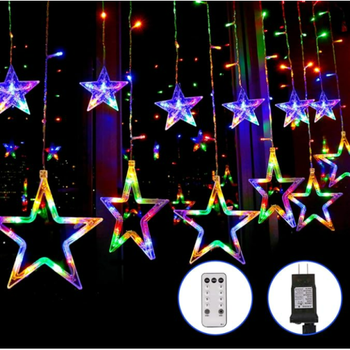 Blingstar Star Curtain Lights 138 LED 12 Star Multicolor Christmas Lights 8.2ft Connectable Window Lights with Remote Plug In Curtain String Lights for Indoor Outdoor Room Birthday Wedding Party Decor