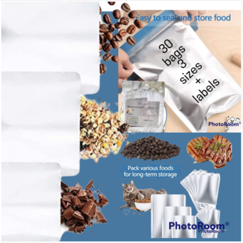 FOOD PRESERVATION BAGS LONG TERM FOOD STORAGE HEAVY DUTY MYLAR ALUMINUM FOIL 30 PACK 3 SIZES