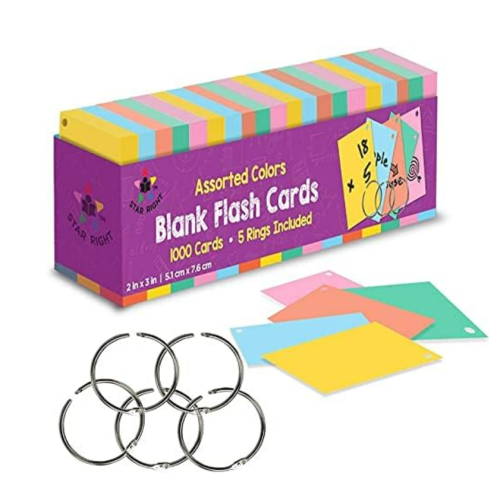 Star Right Assorted Colored Blank Flash Cards - 2"x3" Blank Index Note Cards, Flash Cards Blank, 1000 Pre Hole Punched Index Cards w/Metal Binder Rings, Blank Flashcards for GMT Prep, Math, Language