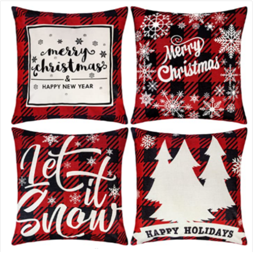 Acerich Christmas Pillow Covers 18x18 Inch, Modern Farmhouse Decor, 4 Pack Red Christmas Tree Throw Pillow Cases Cotton Linen Cushion Xmas Sofa Covers