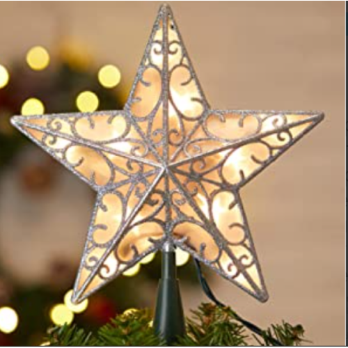 Christmas Star Tree Topper, Plug in Sliver Glittered 3D Star Tree Topper, Metal Hollow Designed Built in 10 Bulbs String Lights for Christmas Tree Decoration