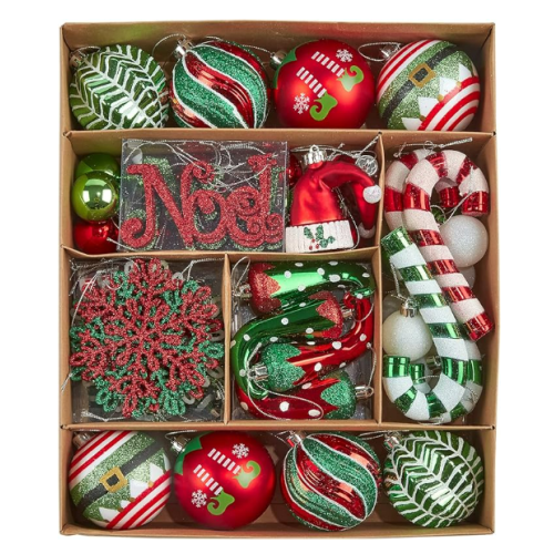 WBHome 70ct Assorted Christmas Ball Ornaments Set - Elf Red and Green, Shatterproof Ornaments for Christmas Tree Decorations Xmas Holiday Decor, Hooks Included