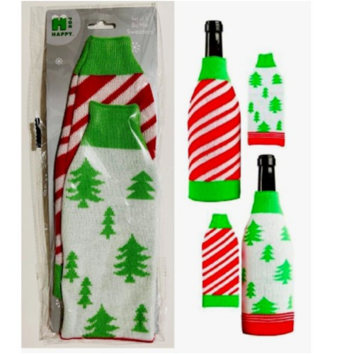 H for Happy Christmas Tree Candy Cane Sweater Wine Bottle Covers Set of 2, New