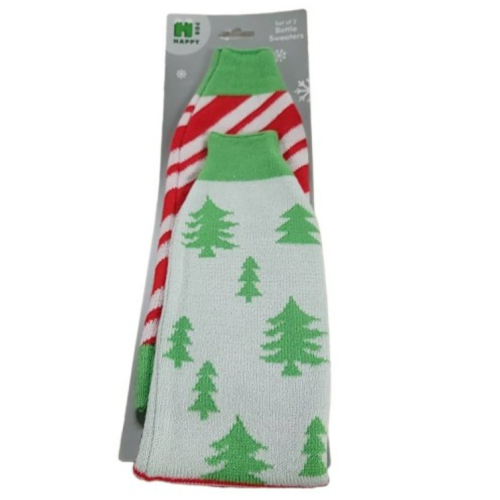 H for Happy Christmas Tree Candy Cane Sweater Wine Bottle Covers Set of 2, New