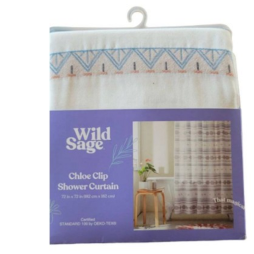 New Wild Sage 72” x 72” "Chloe" Clip Poly Multicolor Boho Fabric Shower Curtain