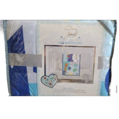 Born Loved 2 Piece Crib Bedding Set Blue NWT 1 Comforter 1 Plush Baby Blanket