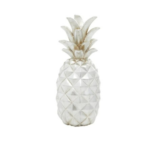 Silver Polystone Pineapple Fruit Sculpture 14" H x 6" W