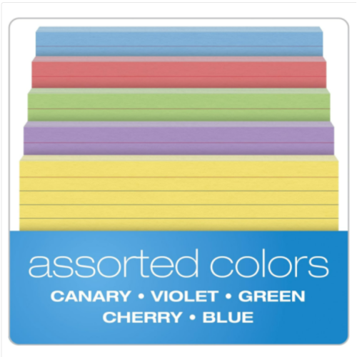 Ruled Color Index Cards, 4" x 6", Assorted Colors, 100 Per Pack