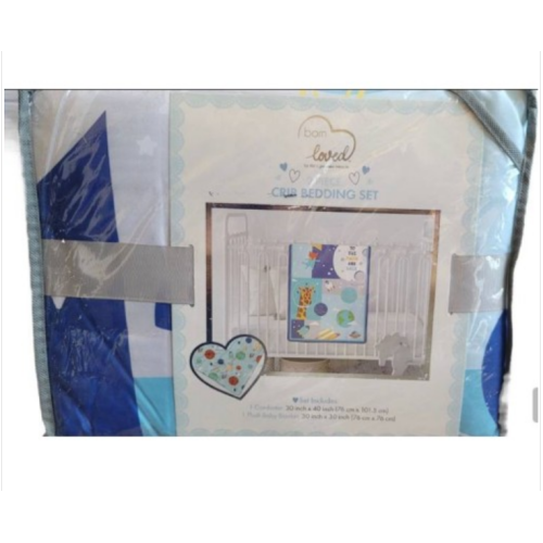 Born Loved 2 Piece Crib Bedding Set Blue NWT 1 Comforter 1 Plush Baby Blanket