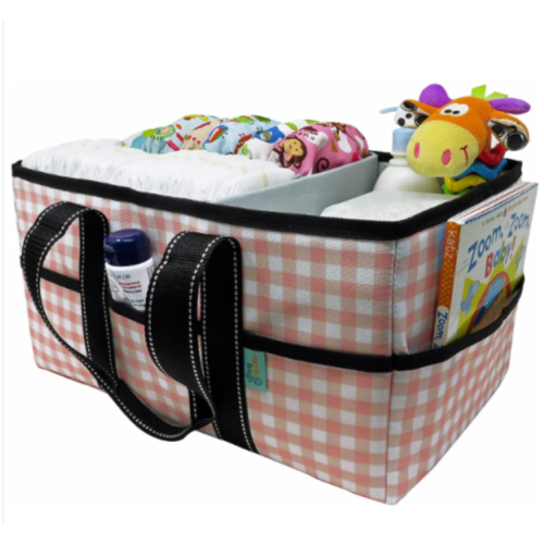 Early Hugs Baby Diaper Caddy Organizer, Nursery Storage, Baby Gift Basket, Pink & White Plaid