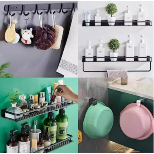 LEHUOJIA Shower storage for inside shower 5 pieces set, adhesive shower caddy with multiple types of individual hooks, wall shower organizer used in shower, kitchen, tool room and other scenes