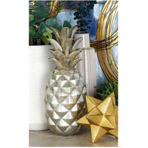 6 x 14 Silver Polystone Pineapple Fruit Sculpture, by DecMode