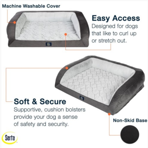 Serta Gel Memory Foam Quilted Ortho Couch Dog Bed Small Grey