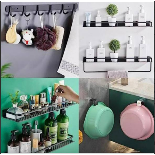 LEHUOJIA Shower storage for inside shower 5 pieces set, adhesive shower caddy with multiple types of individual hooks, wall shower organizer used in shower, kitchen, tool room and other scenes