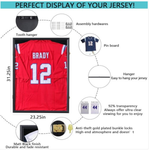 Grintus Jersey Frame Display Case Jersey Display Case Jersey Shadow Box with 98% Uv Protection Acrylic and Hanger for Baseball Basketball Football Soccer Hockey Sport Shirt and Uniform,Black Finish