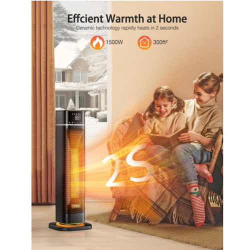 Space Heater,VCK 24" 12ft/s Fast Quiet Heating Portable Electric Heater with Remote, Night Light,80° Oscillation,4 Modes,Overheating&Tip-Over Protection, Ceramic Heater for Bedroom,Office&Indoor Use