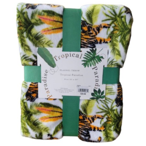 Tropical Paradise Flannel Throw Blanket. Palm & Tiger Print